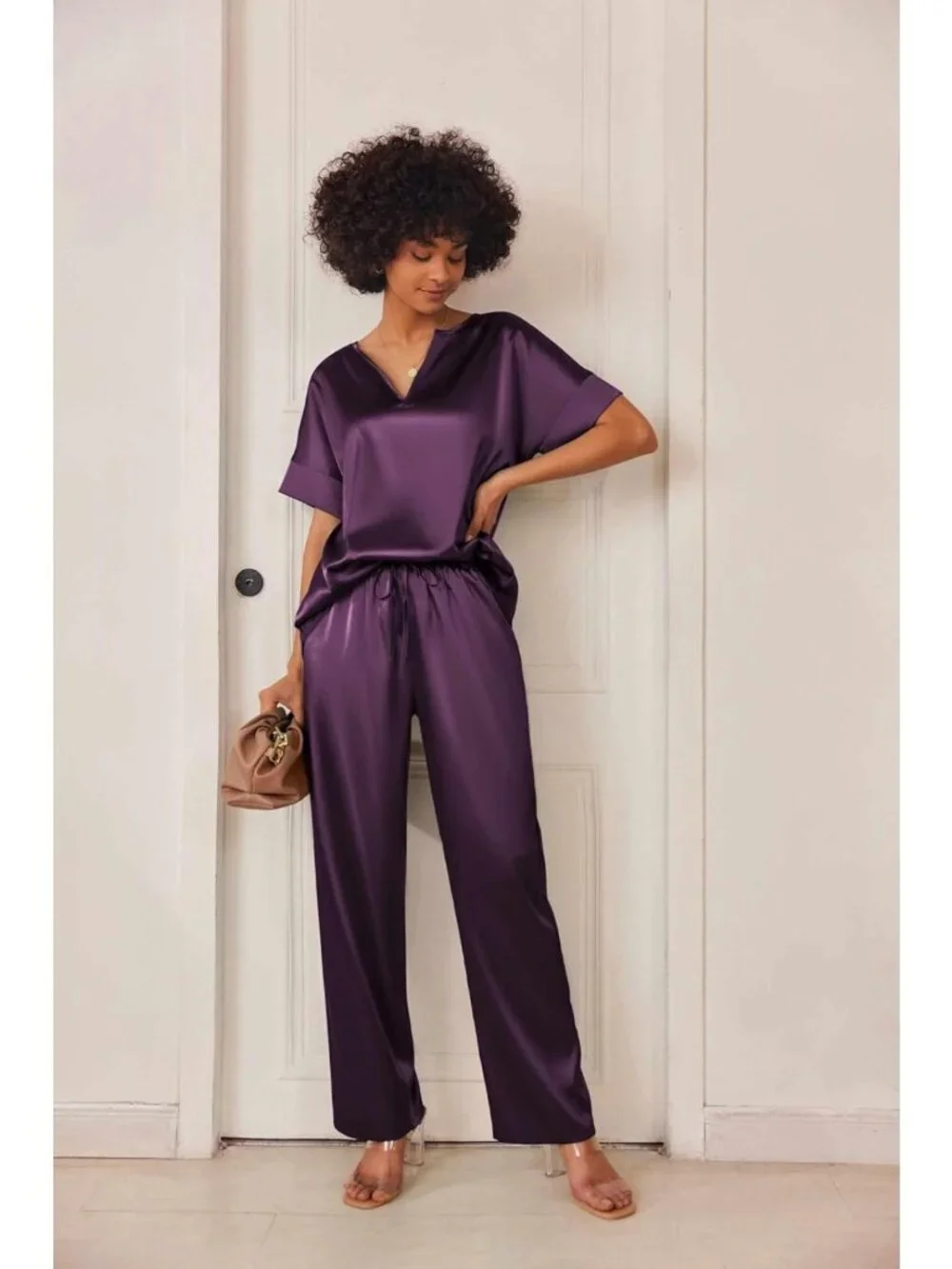 Silk Satin Pajama Set for Women | Short Sleeve V-Neck Top & Long Pants